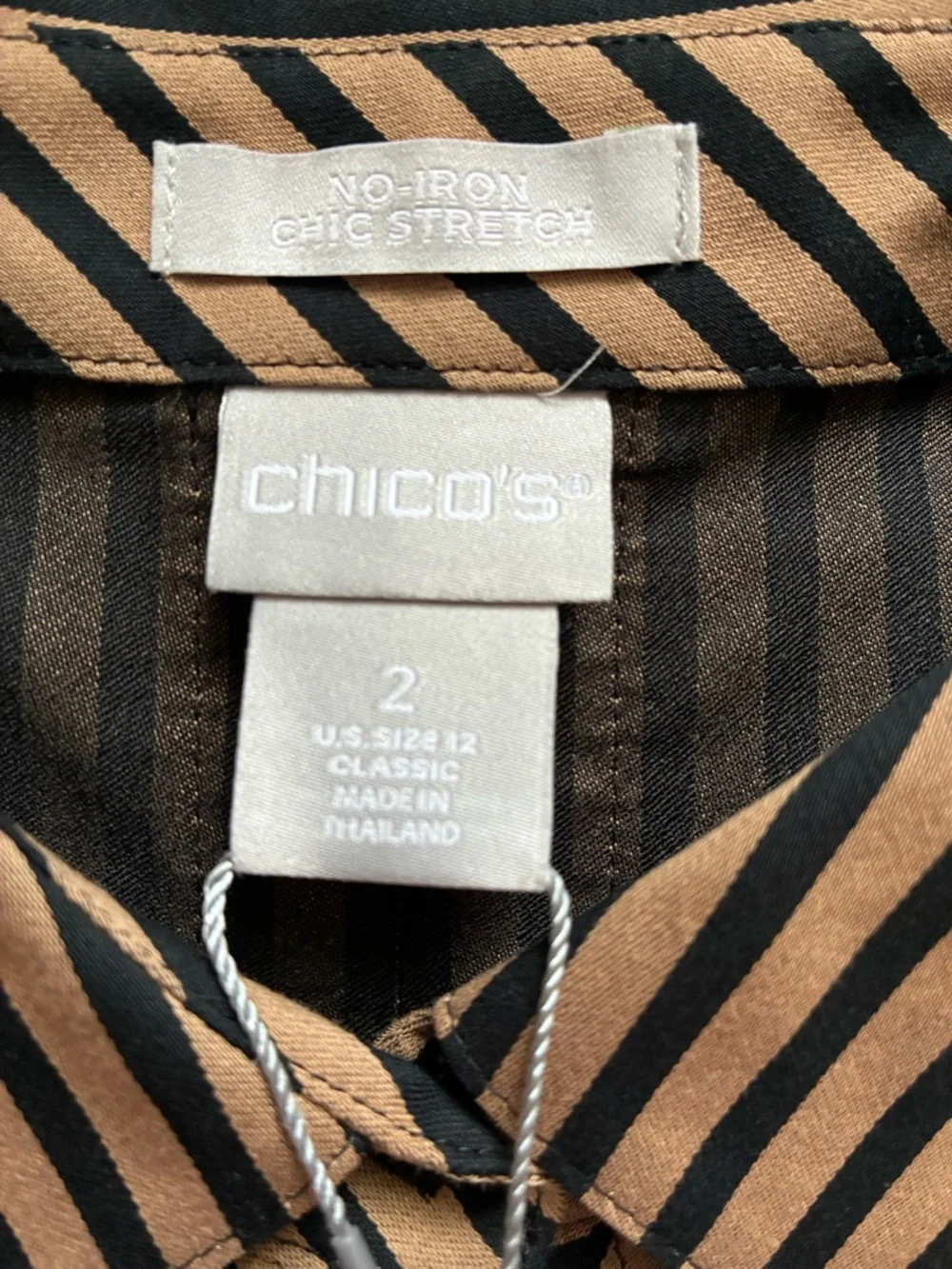 NWT Chico’s No-Iron Slimming Imperial Stripe Blouse Tan Black